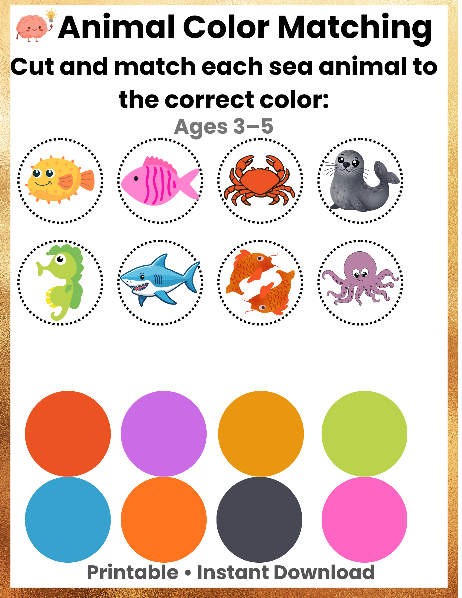Cut & Match Sea Animals to Colors Activity (Ages 3–5) | Ocean Color Matching Printable | Scissor Skills & Fine Motor | Instant Download
