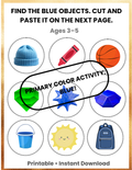 Blue Color Cut and Paste Activity for Preschool | Learn the Color Blue Worksheet | Toddler Printable Ages 3-5