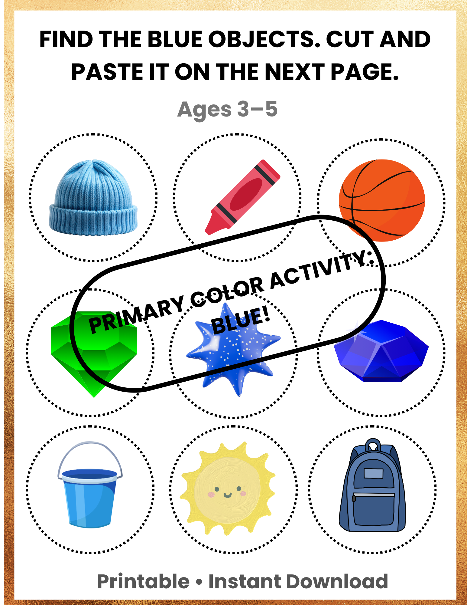 Blue Color Cut and Paste Activity for Preschool | Learn the Color Blue Worksheet | Toddler Printable Ages 3-5