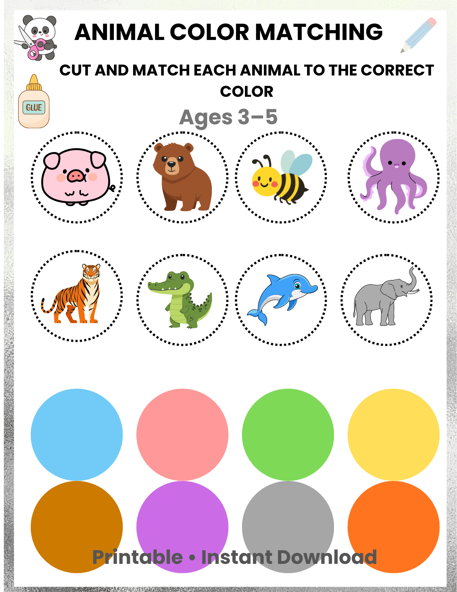 Cut & Match Animal Colors Activity for Kids Ages 3–5 | Preschool Color Matching Printable | Montessori Toddler Worksheet