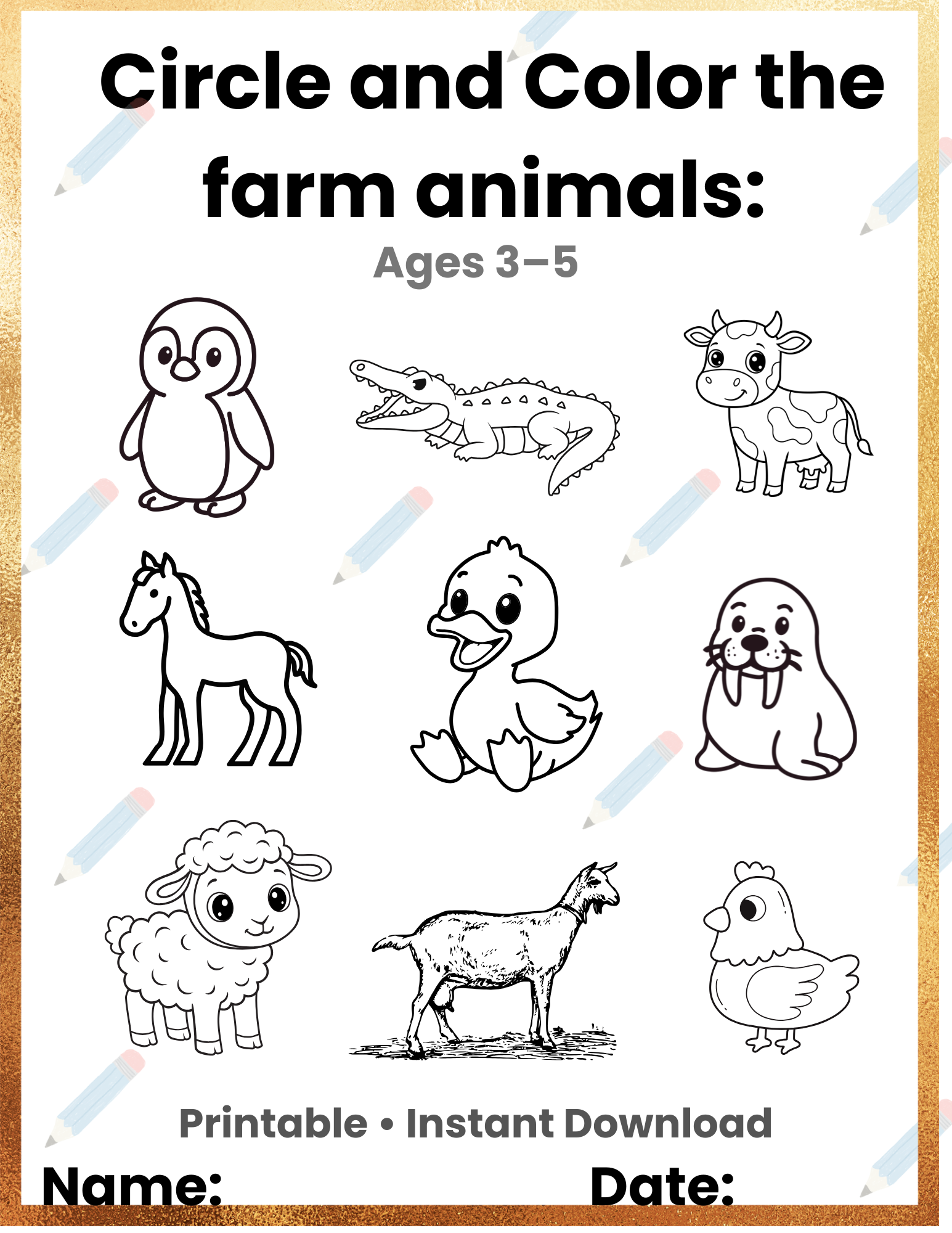 Circle & Color Farm Animals Activity | Preschool Printable Ages 3–5 | Toddler Learning Worksheet | Montessori Homeschool | Instant Download