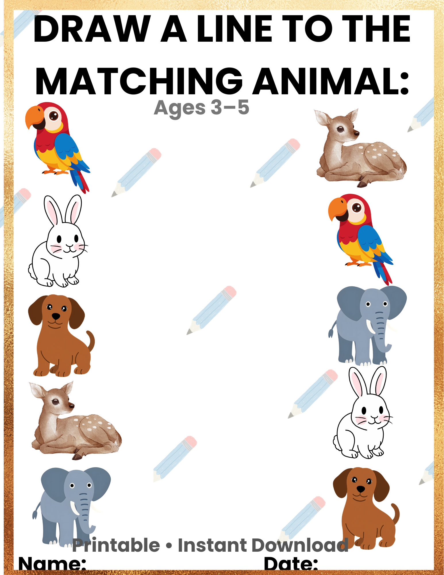 Animal Matching Activity for Kids Ages 3–5 | Preschool Learning Printable | Montessori Toddler Game | Instant Download Homeschool Worksheet