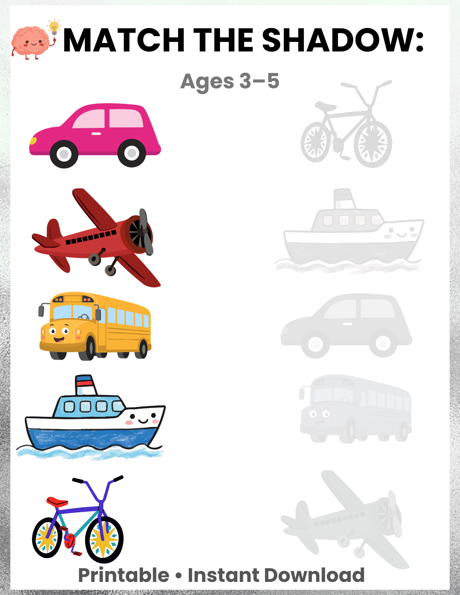 Match the Shadow Activity for Kids Ages 3–5 | Printable Preschool Learning Game | Visual Discrimination & Brain Development | Instant Download PDF