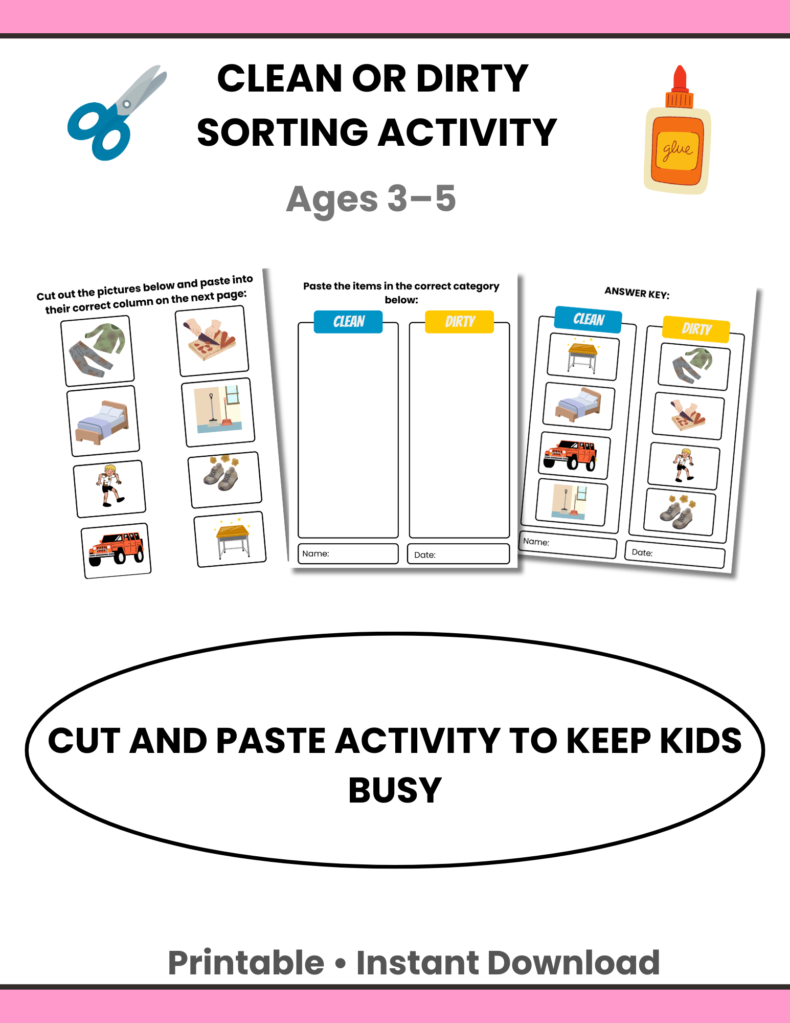 Clean vs Dirty Sorting Activity | Cut and Paste Worksheet | Preschool Life Skills Printable