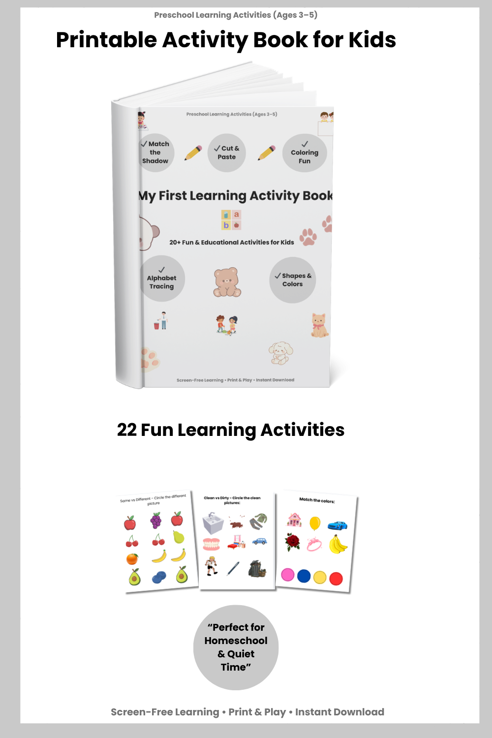 Preschool Activity Book PDF | 22 Printable Learning Activities for Kids Ages 3–5 | Montessori Homeschool Workbook